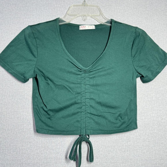 ROMWE Tops - ROMWE Shirt Womens Small Green V Neck‎ Ruched Front Drawstring Cropped Top